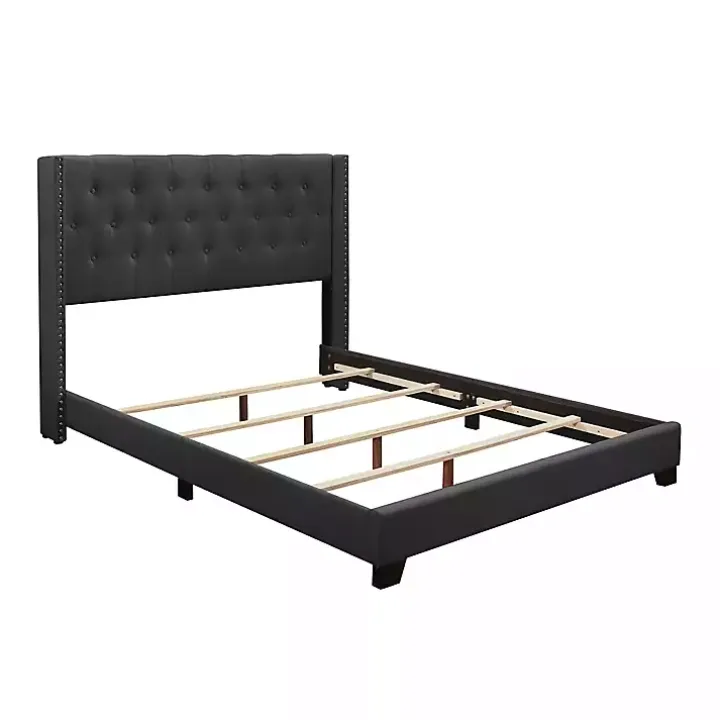 Dark Gray Upholstered Button Tufted Wing King Bed