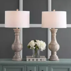 Distressed Ivory Faux Wood Table Lamps, Set of 2