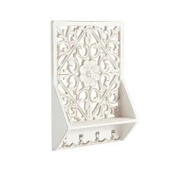 Distressed White Floral Carved Wall Shelf