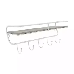 Distressed White Metal Wall Shelf with Hooks