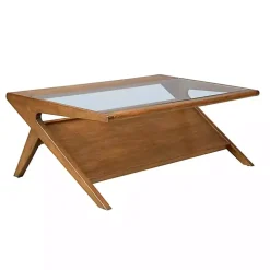 Glass and Walnut Wood Angled Coffee Table
