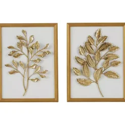 Gold Metal Leaves Framed Wall Plaques, Set of 2