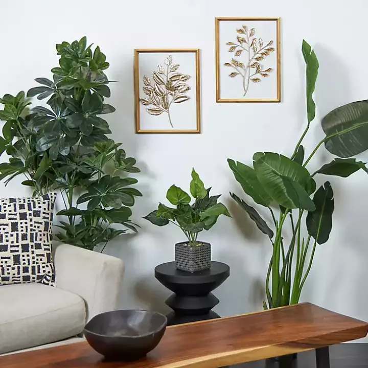 Gold Metal Leaves Framed Wall Plaques, Set of 2