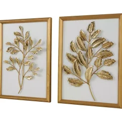 Gold Metal Leaves Framed Wall Plaques, Set of 2