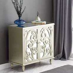 Gold Wood Carved Scroll Mirrored Cabinet