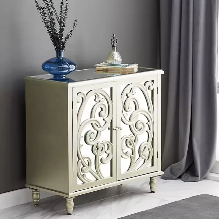 Gold Wood Carved Scroll Mirrored Cabinet