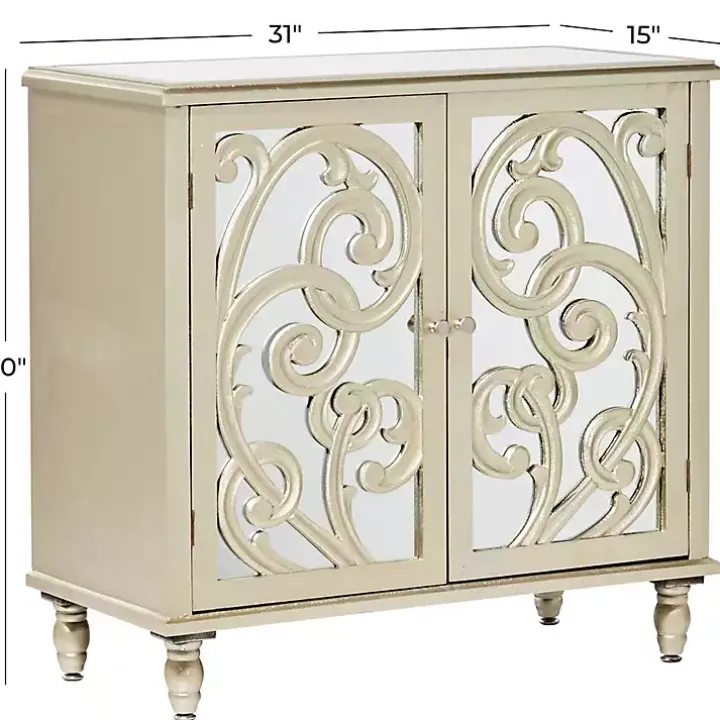 Gold Wood Carved Scroll Mirrored Cabinet