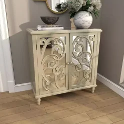 Gold Wood Carved Scroll Mirrored Cabinet
