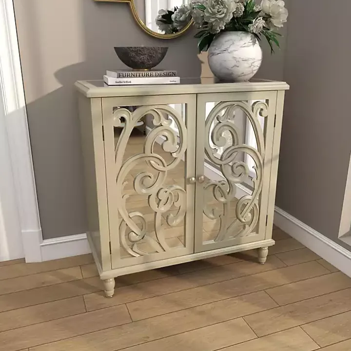 Gold Wood Carved Scroll Mirrored Cabinet