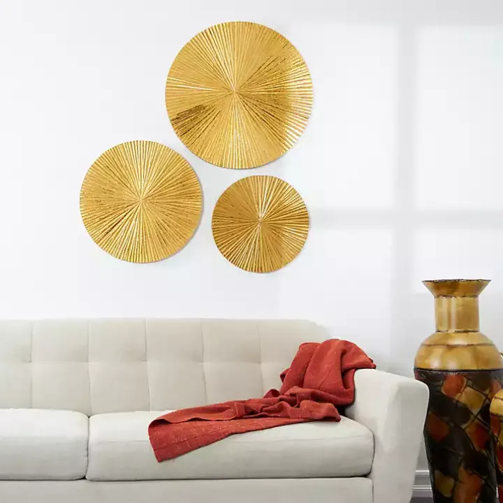 Golden Ribbed Sunburst Wall Plates, Set of 3