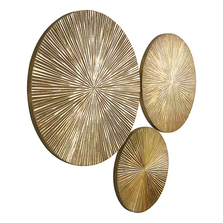 Golden Ribbed Sunburst Wall Plates, Set of 3