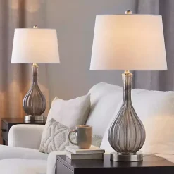 Gray Crackle Glass Teardrop Table Lamps, Set of 2