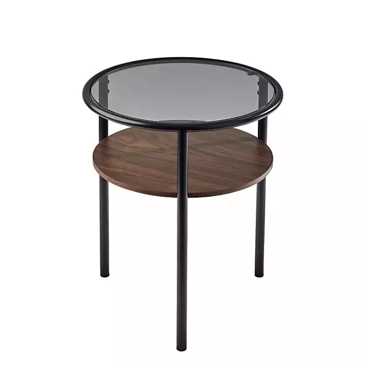 Gray Glass Top Accent Table with Wood Shelf