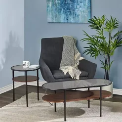 Gray Glass Top Accent Table with Wood Shelf