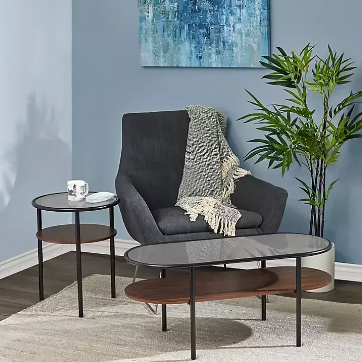 Gray Glass Top Accent Table with Wood Shelf