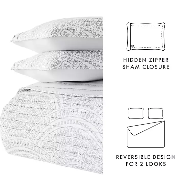 Gray Scalloped Reversible 3-pc. King Quilt Set