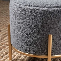 Gray Sherpa Upholstered Round Ottoman
