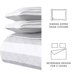 Gray Striped Reversible 3-pc. King Quilt Set