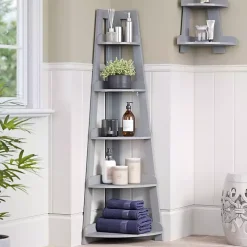 Gray 5-Tier Corner Ladder Bookshelf