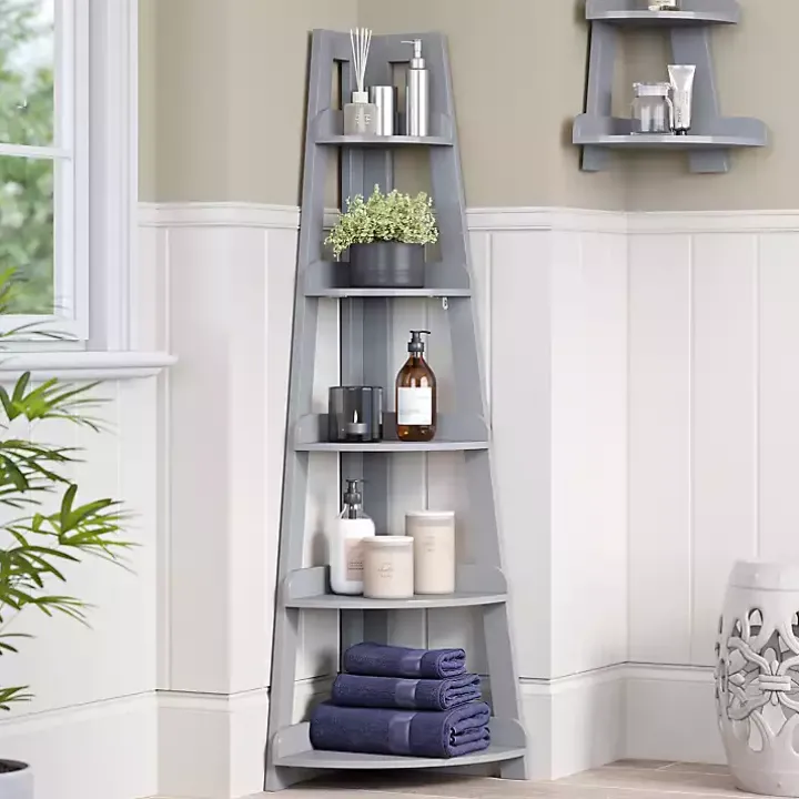 Gray 5-Tier Corner Ladder Bookshelf