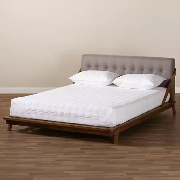 Gray Tufted and Natural Walnut King Platform Bed