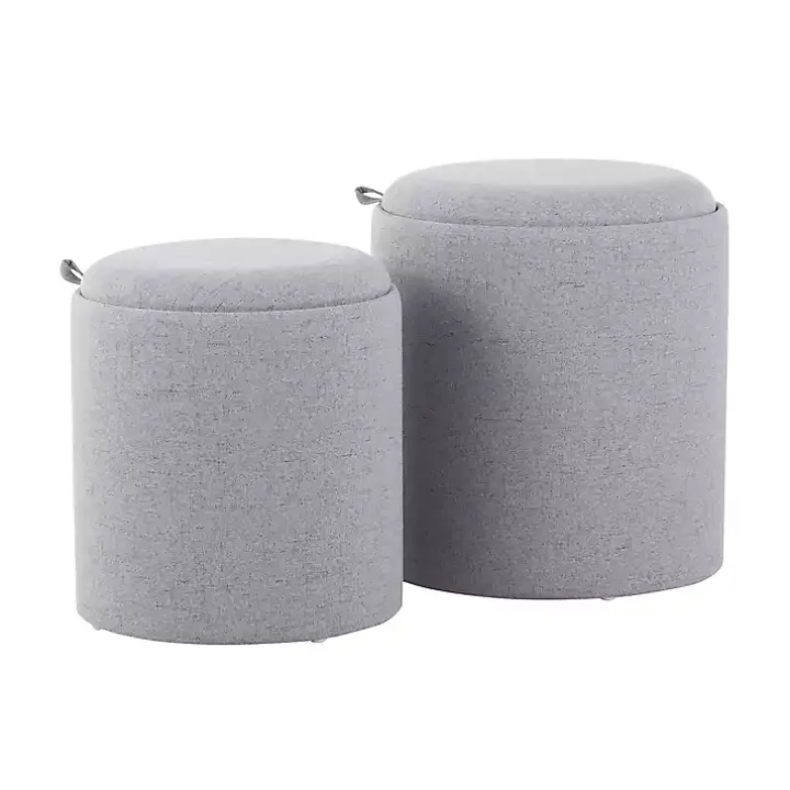 Gray Upholstered Ottomans with Tray Tops, Set of 2
