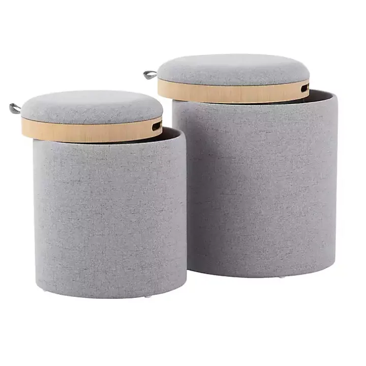 Gray Upholstered Ottomans with Tray Tops, Set of 2