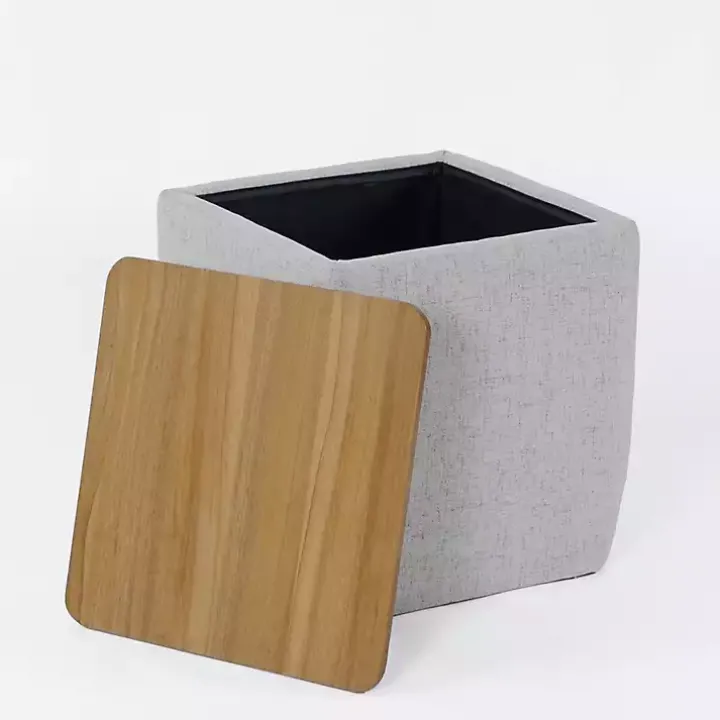 Gray Upholstered Storage Ottoman with Wood Lid