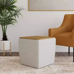 Gray Upholstered Storage Ottoman with Wood Lid