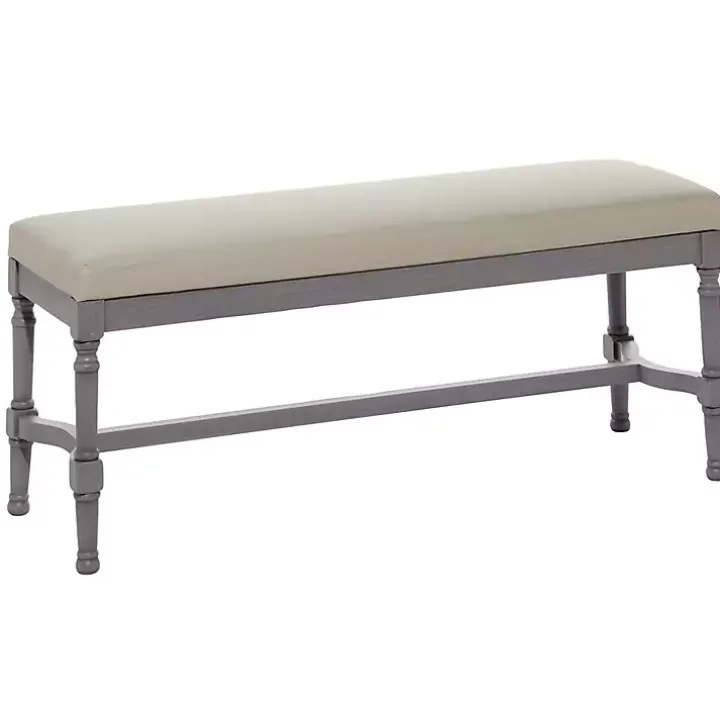Gray Wood Upholstered Burlap Seat Bench