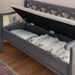 Gray Wood Upholstered Storage Bench