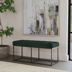 Green Faux Suede Upholstered Metal Frame Bench