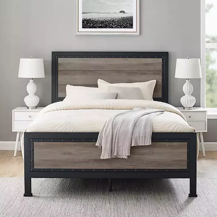 Industrial Wood Queen Bed with Metal Frame