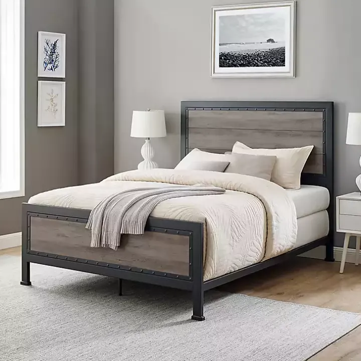 Industrial Wood Queen Bed with Metal Frame