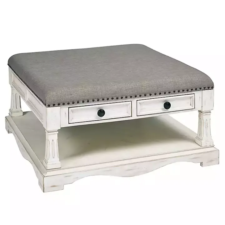 Ivory and Gray Upholstered Square Coffee Table