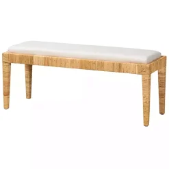Ivory and Natural Woven Rattan Bench
