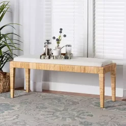 Ivory and Natural Woven Rattan Bench