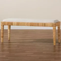Ivory and Natural Woven Rattan Bench