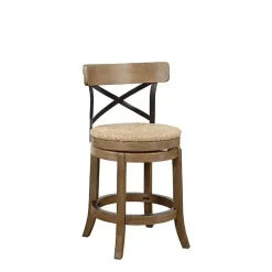 Light Brown Wood and Seagrass Swivel Counter Stool