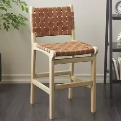 Light Brown Woven Leather Wooden Counter Stool