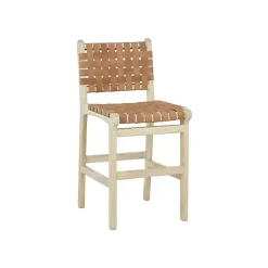 Light Brown Woven Leather Wooden Counter Stool