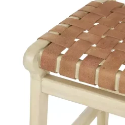 Light Brown Woven Leather Wooden Counter Stool