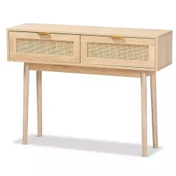 Light Oak Rattan and Wood Console Table