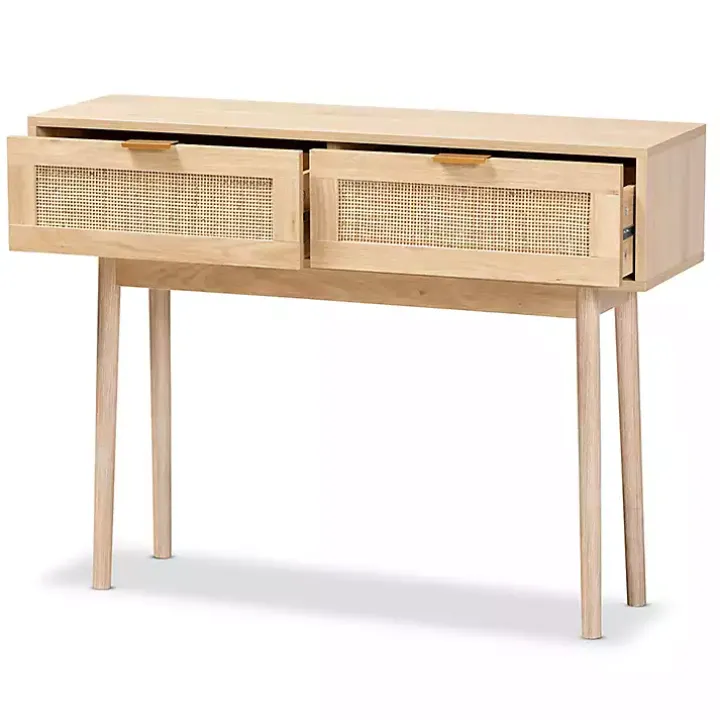 Light Oak Rattan and Wood Console Table