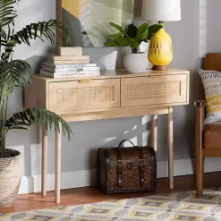 Light Oak Rattan and Wood Console Table