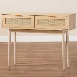 Light Oak Rattan and Wood Console Table