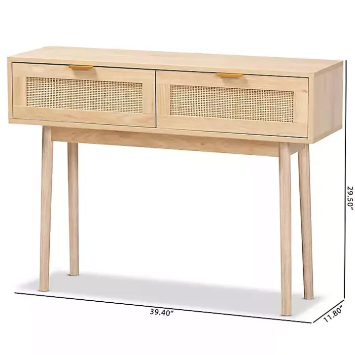 Light Oak Rattan and Wood Console Table