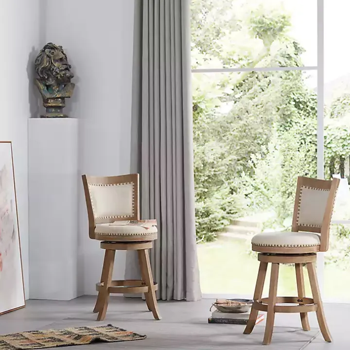 Linen and Driftwood Nailhead Swivel Counter Stool