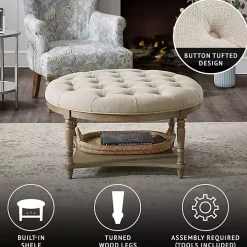 Martha Stewart Round Cream Ottoman with Shelf