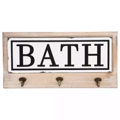 Metal and Wood Bath Sign with Hooks